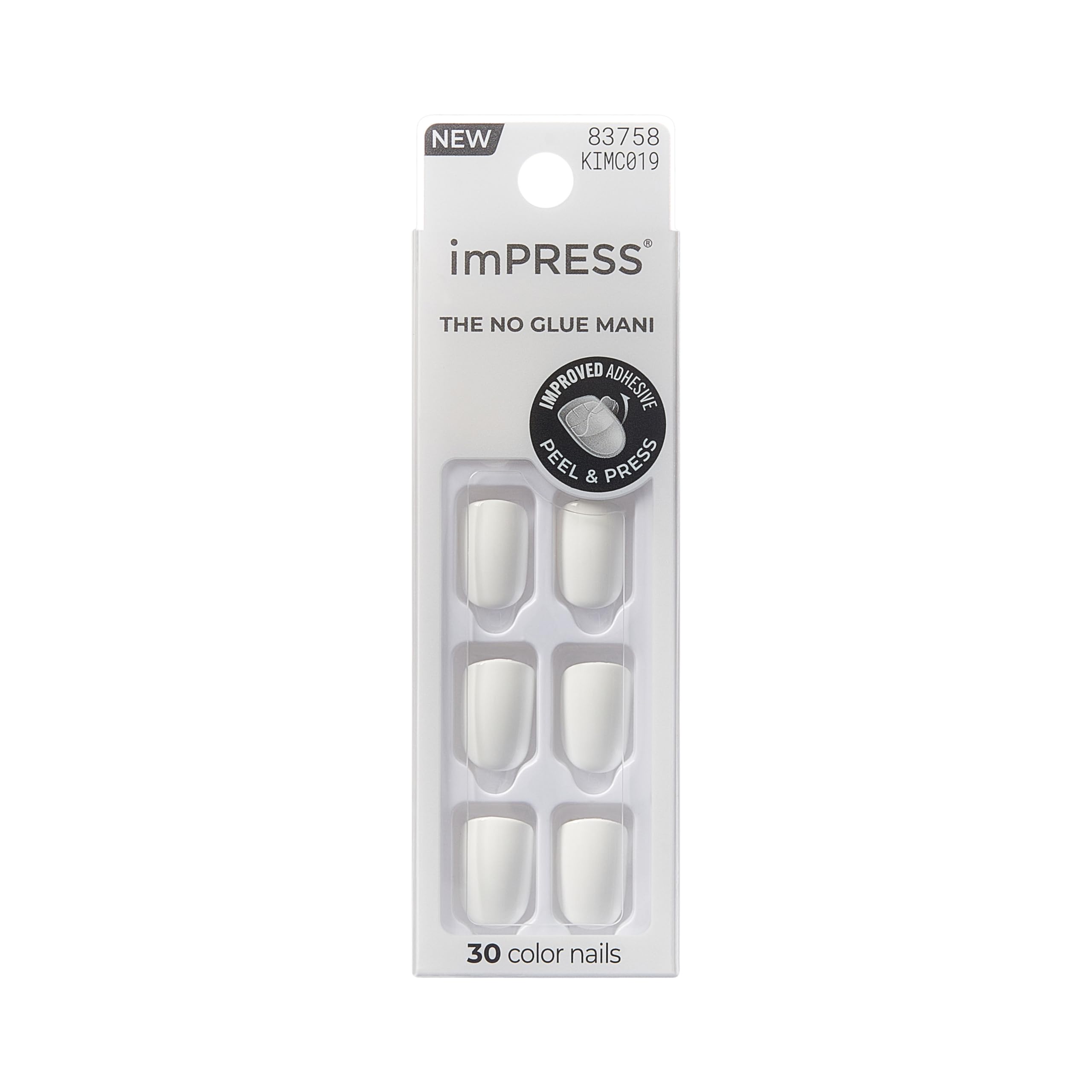 KISS imPRESS No Glue Mani Press On Nails, Color, Frosting, White, Short Size, Squoval Shape, Includes 30 Nails, Prep Pad, Instructions Sheet, 1 Manicure Stick, 1 Mini File.