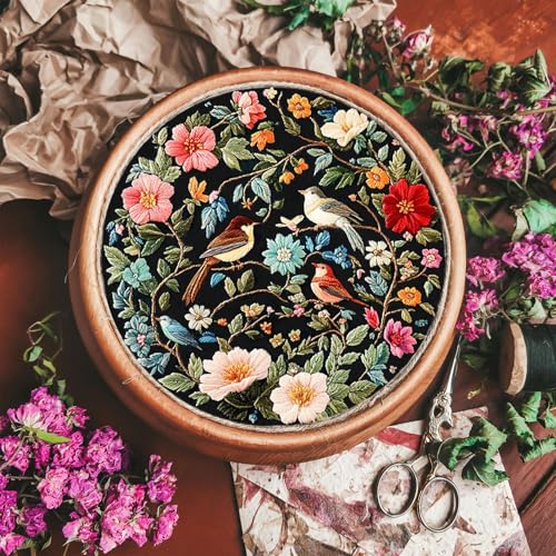 Image of FONNUY Embroidery Kit for Beginners, Birds with Flowers Pre-Stamped Pattern Kits for Adults with Hoop, Easy to Follow Color Thread Needlework, 8'' Hoop (Blue)