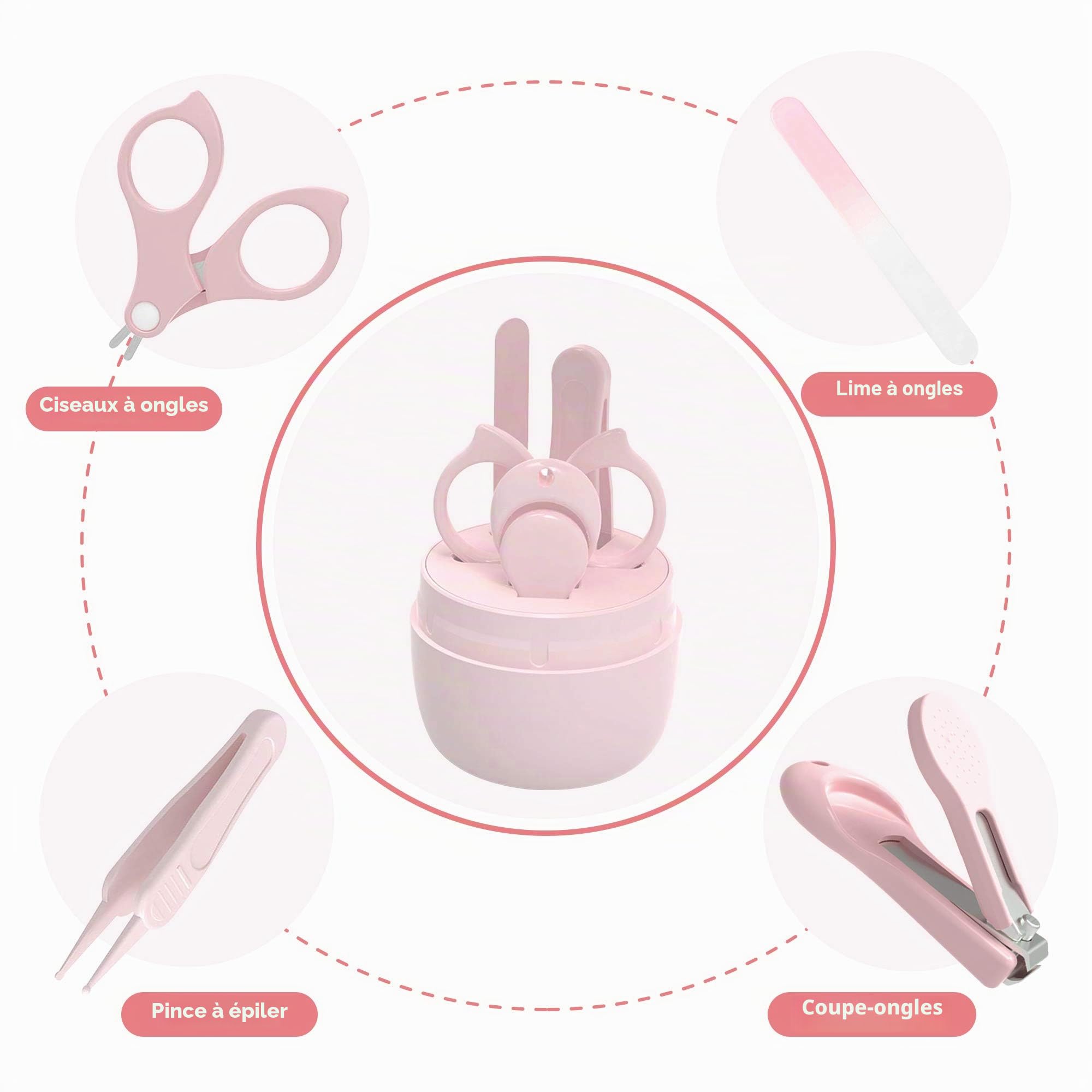 Manucure Bébé | Kit 4-en-1 avec Étui, Coupe-Ongles, Ciseaux, Lime et Pince à Épiler | Kit Soins des Ongles Bébés et Jeunes Enfants | Nouveau-né Spécial Protection pour Bébé (pink)