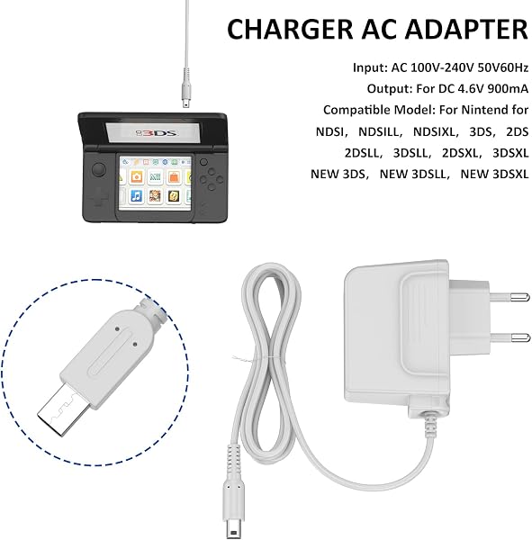 Amzpas Caricatore per Nintendo 3DS/2DS XL con Cavo, Adattatore di Alimentazione Portatile per DSi/New 3DS, Console di Gioco con Cavo (Bianco) - 4