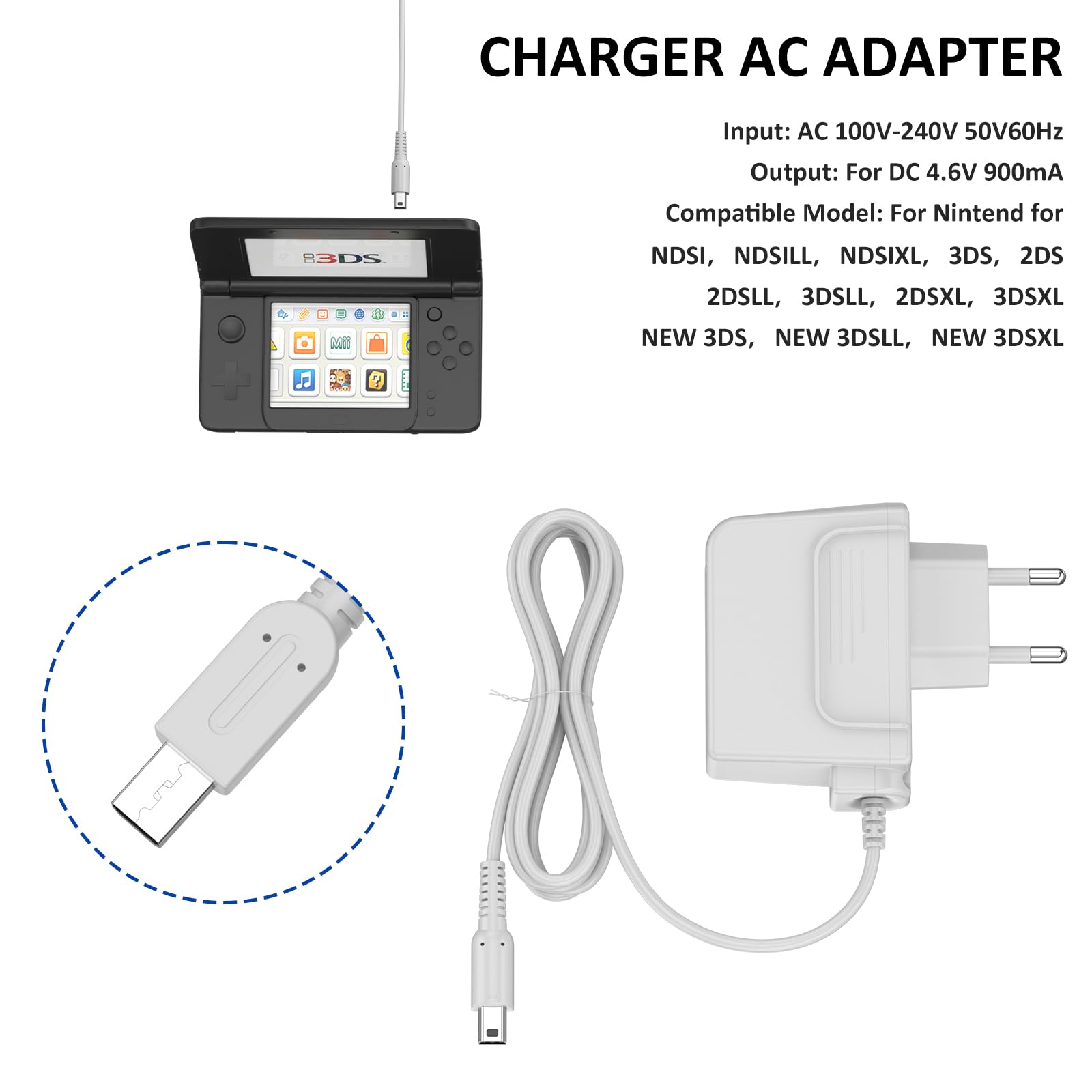 Yisica Chargeur pour Nintendo 3DS/ 3DS XL, Adaptateur Chargeur pour Nintendo 2DS/ 2DS XL/DSi/DSi XL/New 3DS, Adaptateur d’Alimentation Portable pour la Recharge des Consoles de Jeux (1,2m) - 5