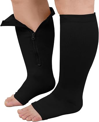 PUTUO Plus Size Compression Socks Wide Calf Zip Flight Sock Women Men Extra Large Graduated Open Toe Support Stockings 20-30 mmHg 1Pairs
