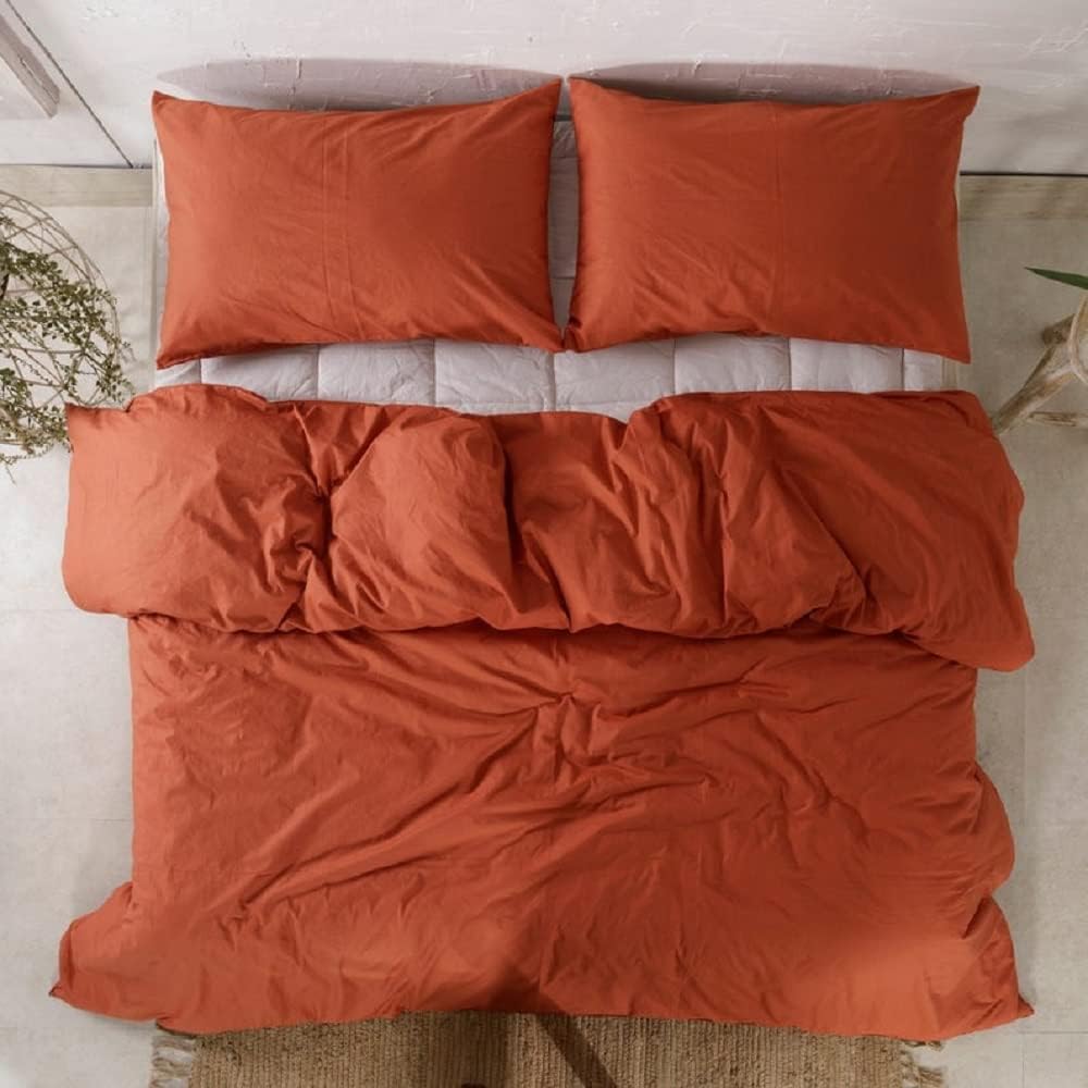 Washed Cotton Duvet Cover - Rust Orange Color Duvet Cover with Coconut Button - Donna Cover Twin King Full Queen Duvet Cover -Cotton Bedding (Twin)