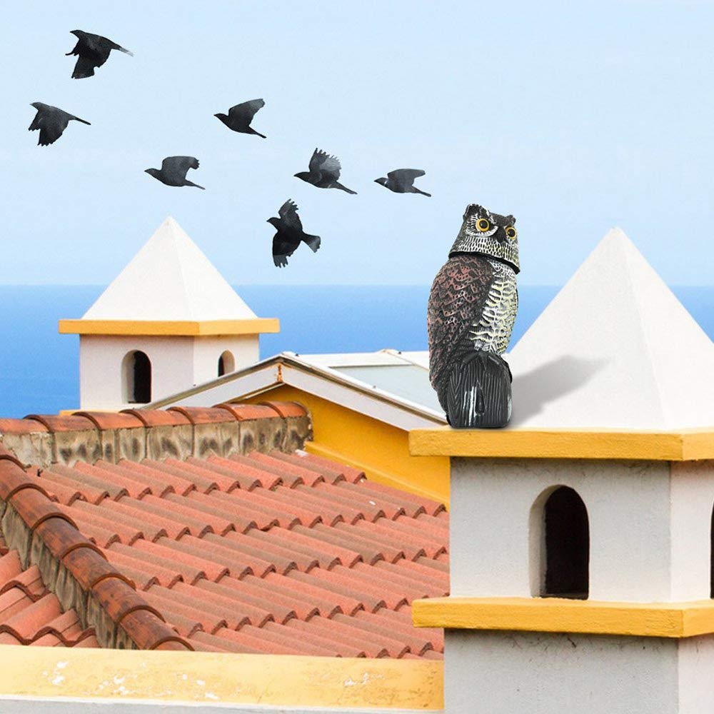 Wing Búho Espantapájaros, ahuyentador de pajaros, Estatua búho con Giratoria Cabeza y con Sonido, protección de jardín, Patio, Granja etc,4pcs