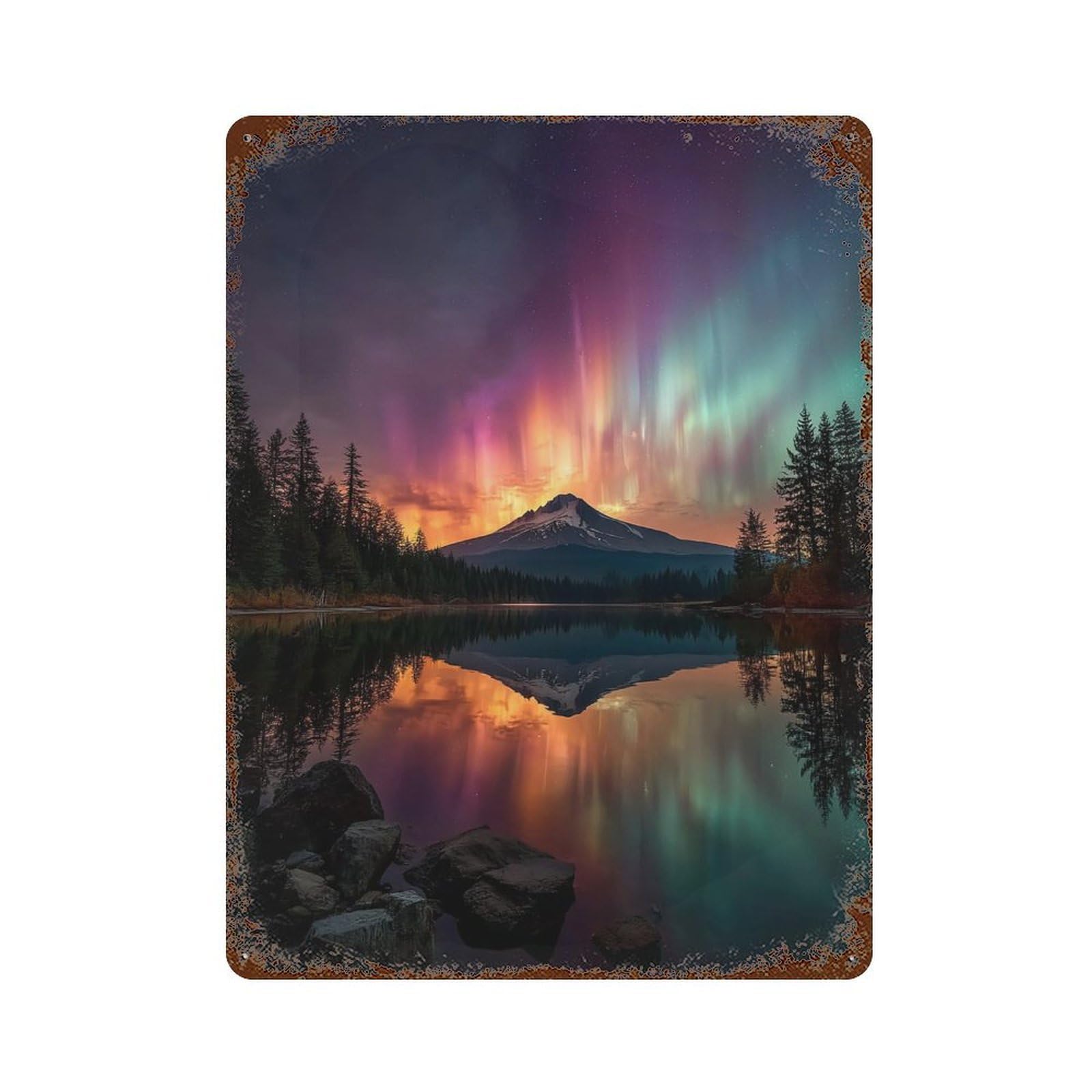 Rusty Metal Tin Sign with Aurora Borealis Reflections-2 Design 15.7"x11.8", for Shed, Workshop And Garage Wall Decor, Classic Wall Plaque