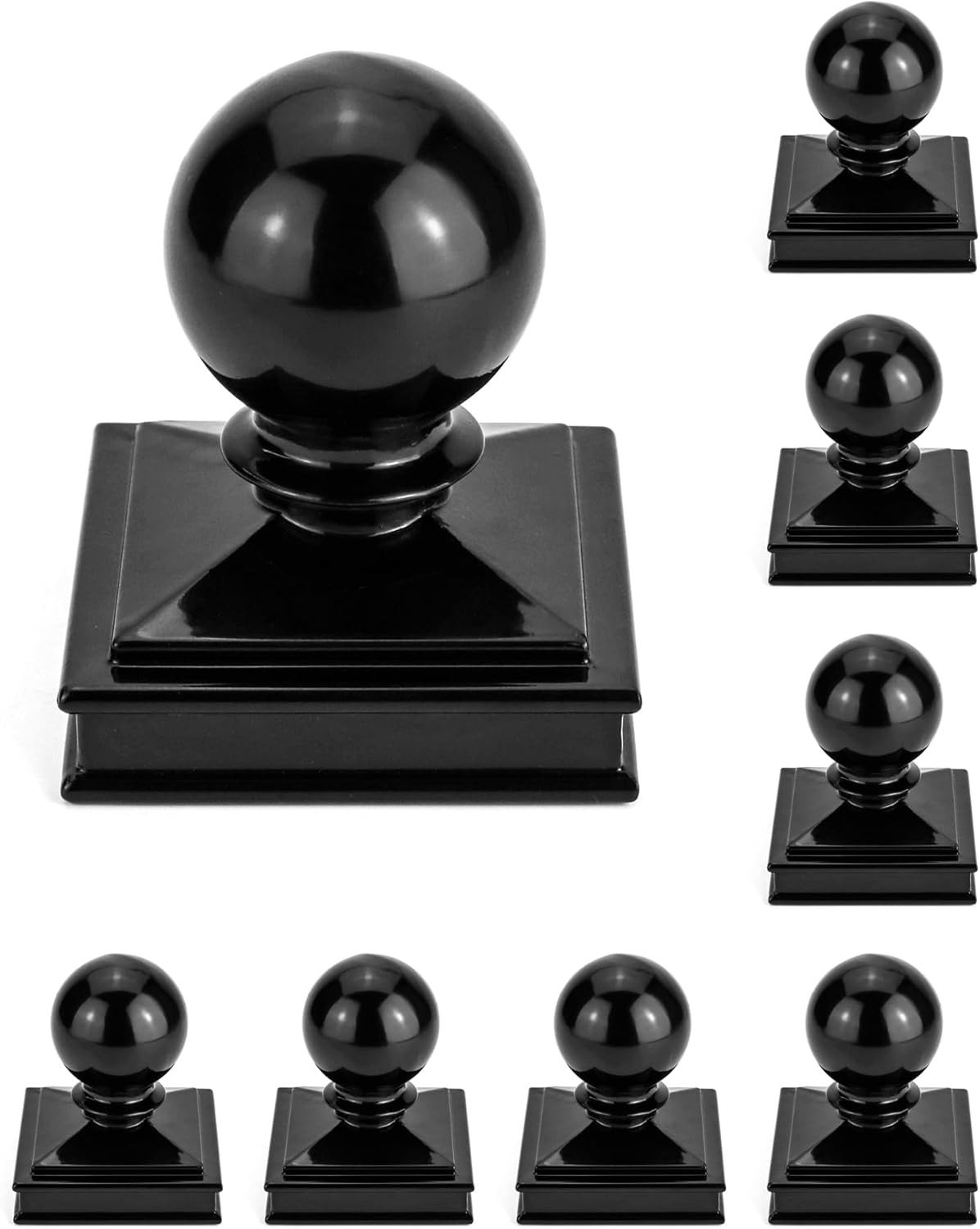 QWORK Fence Post Cap, 8 Pack 3" x 3" Decorative Piling Metal Caps with Top Ball, Black
