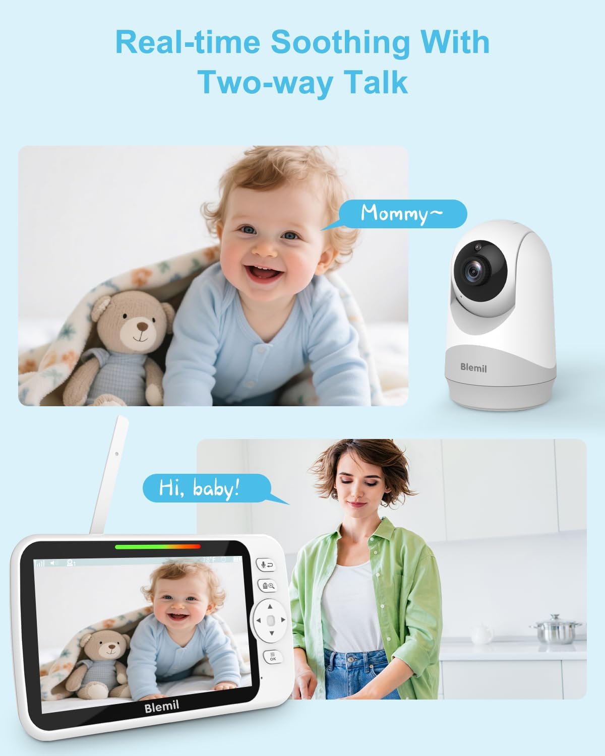 Blemil Upgrade Video Baby Monitor with Camera and Audio 6" Large Screen, 35-Hrs Battery, No WiFi Baby Monitor, Remote Pan/Tilt/Zoom Camera, 2-Way Talk, Night Vision, Temperature, 1000ft Range