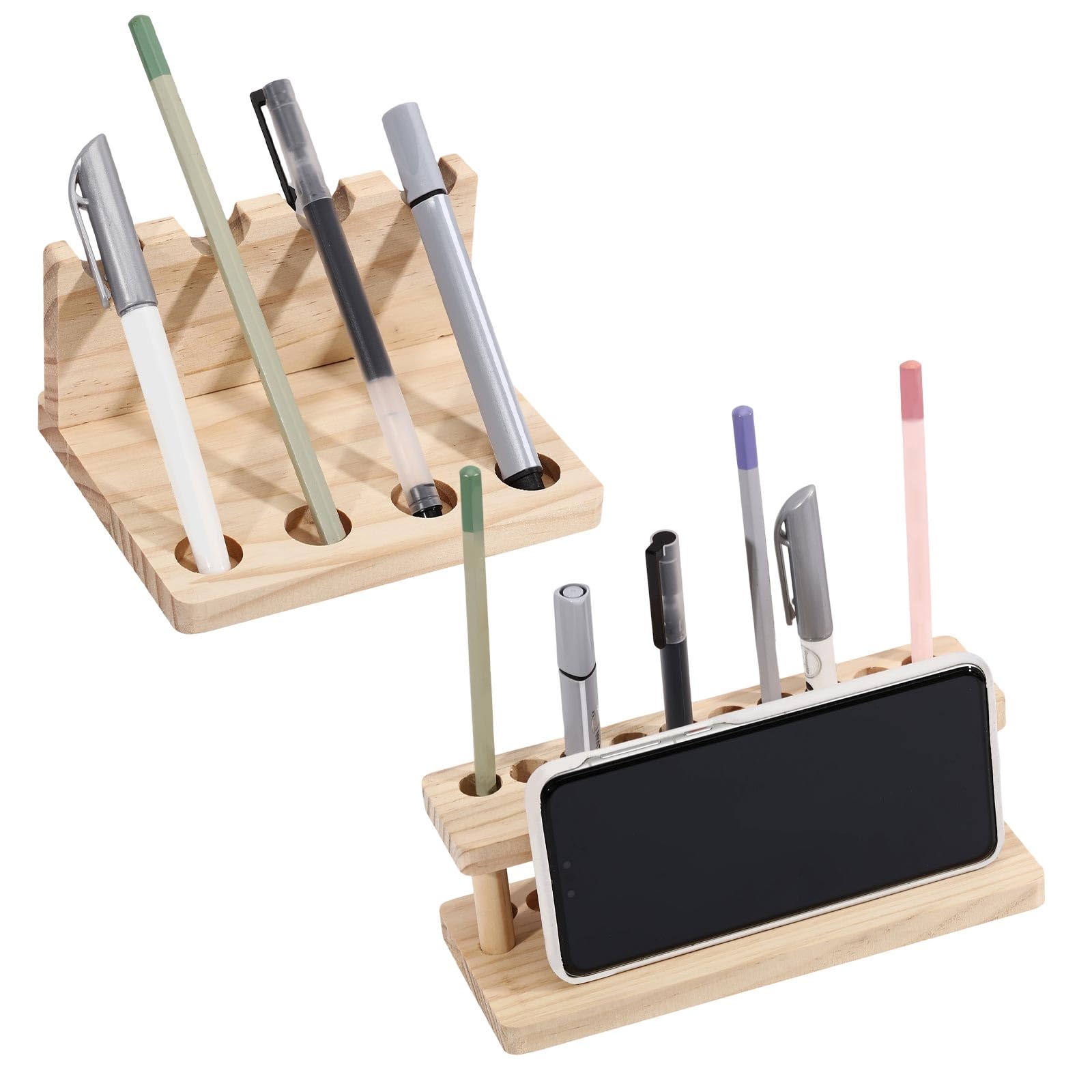 beinkmake 2 Styles Natural Wood Pen Holder Set for Desk, Angled 4-Slot Vertical 10-Slot Pen Display Rack, Desktop Pen Organizer for Fountain Pens, Ballpoint Pens and Office Supplies