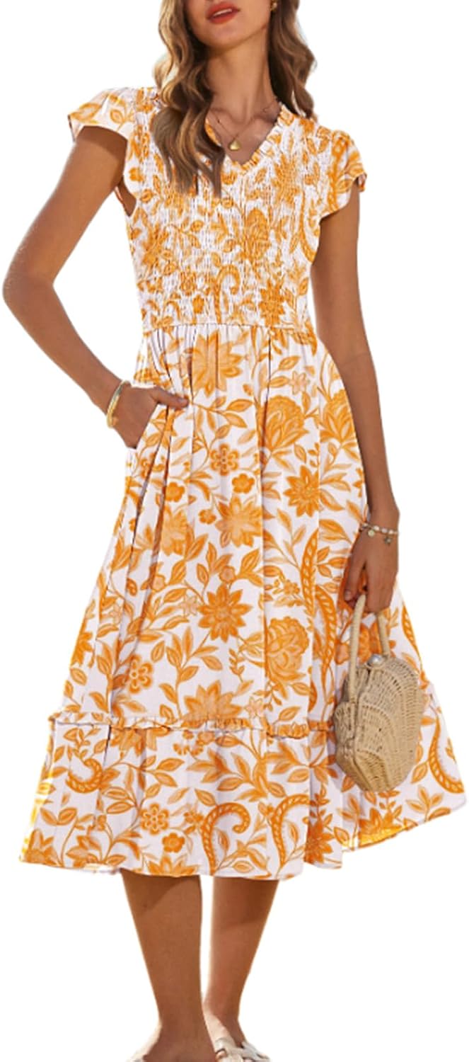 GRACE KARIN 2026 Summer Casual Dresses for Women,Flutter Short Sleeve Wedding Guest Dresses,V Neck Smocked Tiered Midi Dress