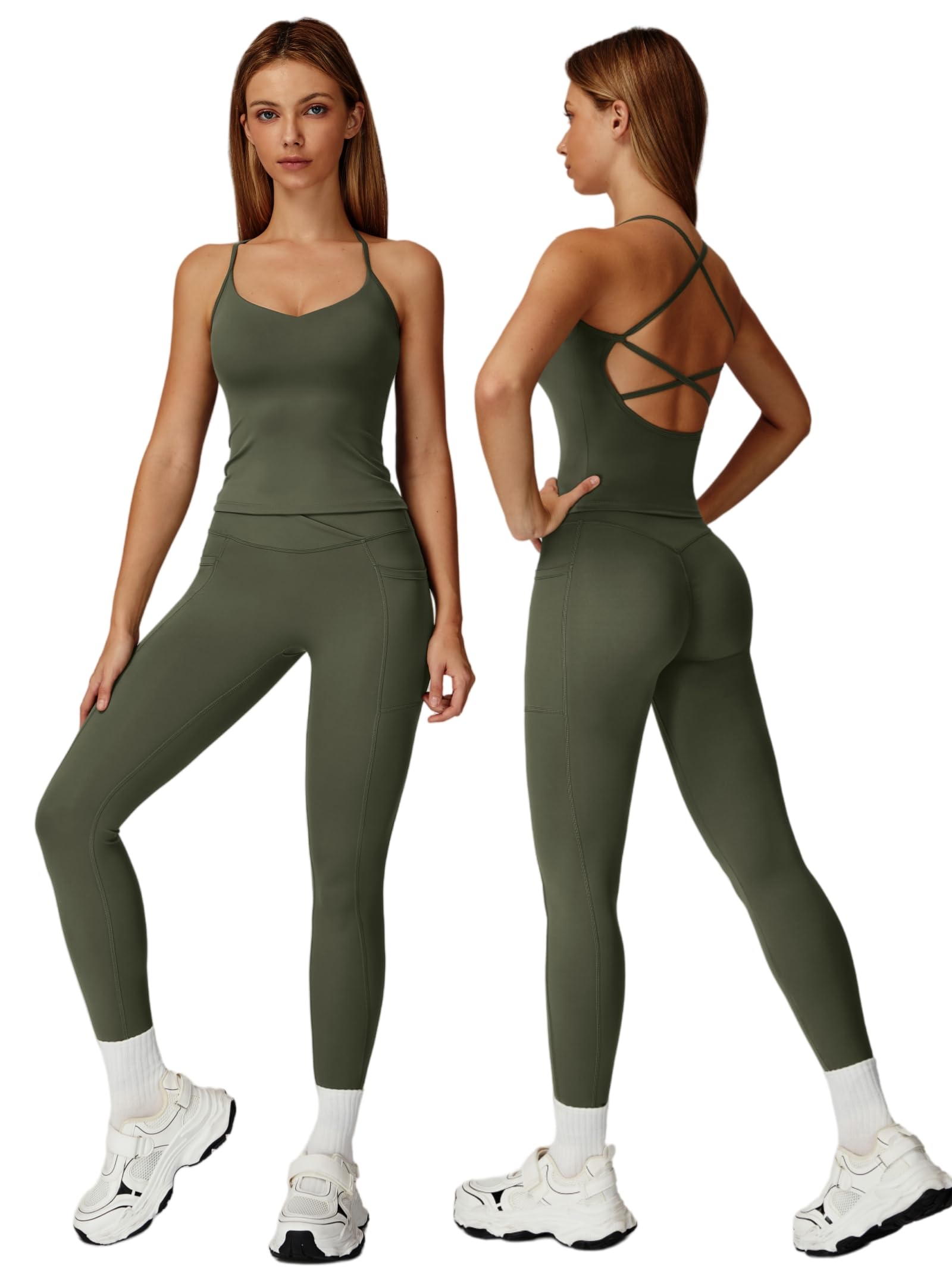 ABOCIW Womens 2 Piece Workout Sets Strappy Crop Tank Corssover High Waist Leggings with Poacket Gym Set Yoga