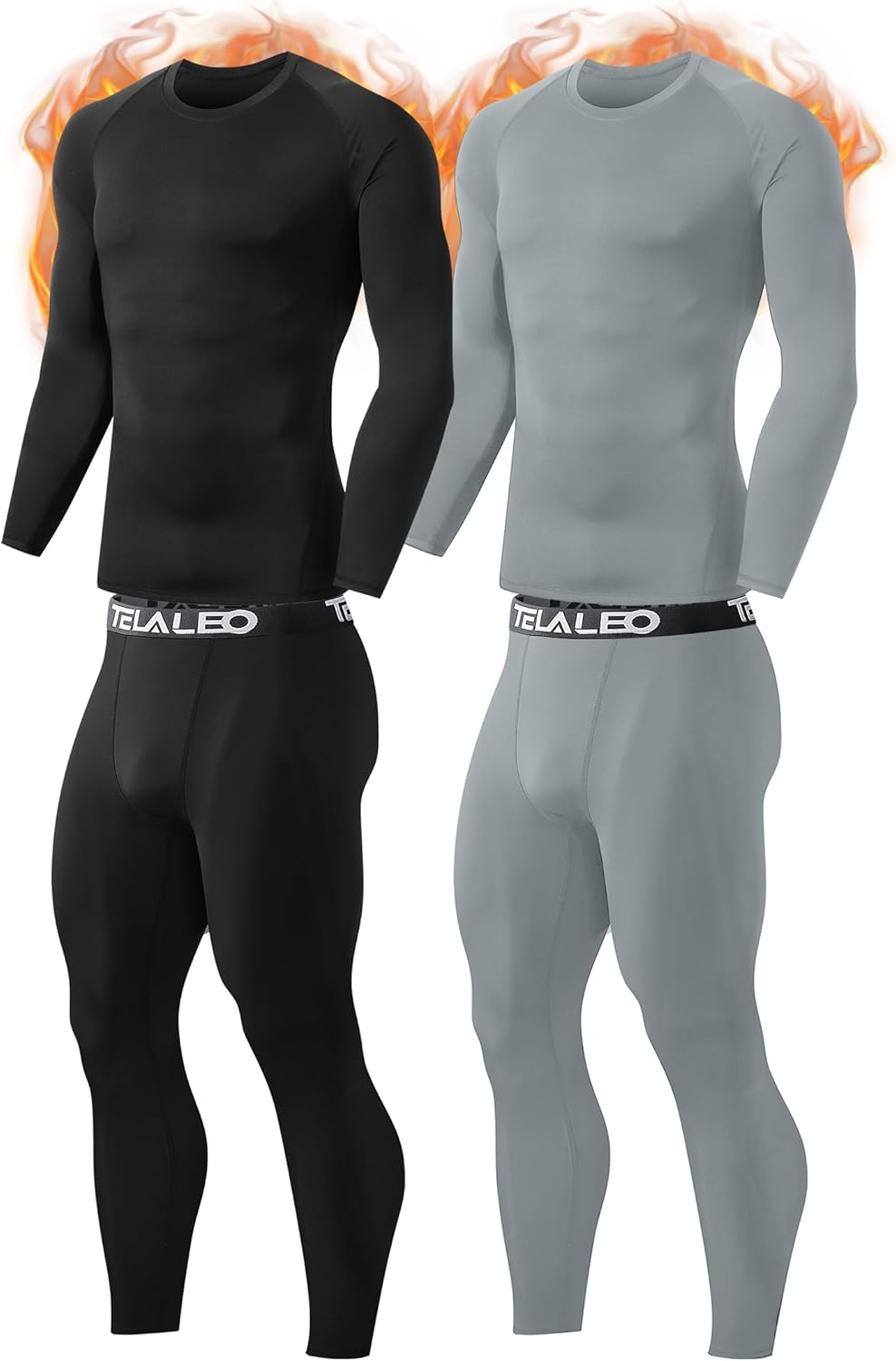 TELALEO 2 Set Mens Thermal Underwear Fleece Lined Long Johns 4 Pcs Base Layer Shirts Pant for Cold Winter Weather
