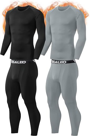 2 Set Mens Thermal Underwear Fleece Lined Long Johns Baselayer Shirts