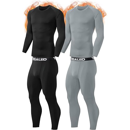 TELALEO 2 Set Mens Thermal Underwear Fleece Lined Long Johns 4 Pcs Base Layer Shirts Pant for Cold Winter Weather