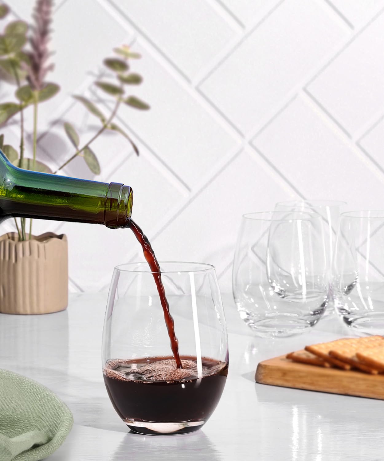 OJA Juego de 12 copas de vino sin tallo, copas de vino tinto y blanco de cristal de alta calidad, sin tallo, transparentes, 425.2 g, vaso resistente para uso diario, cumpleaños, boda, fiesta en casa,