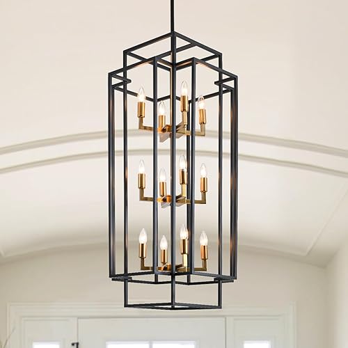 Iluminación de isla de cocina de 12 luces, moderna lámpara de comedor de granja sobre mesa, candelabro negro y dorado para comedor, sala de estar,