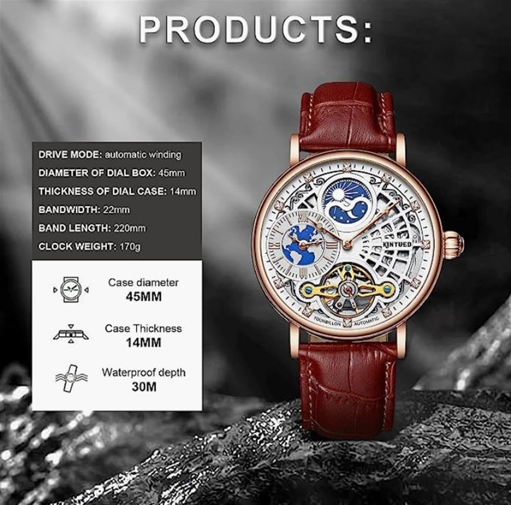 Herren Luxus Skelett automatische mechanische Armbanduhren Leder Mond singende Hände Selbstwinduhr, Tourbillon automatische wasserdichte Kristall Armbanduhr für Männer Geschenk