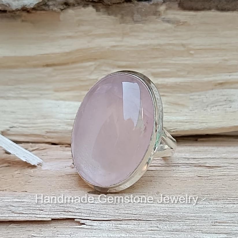 Handmade Natural Rose Quartz Oval Stone Ring - Boho Split Band Self-Love Jewelry, Pale Pink Statement Ring for Women, Valentine's Gift