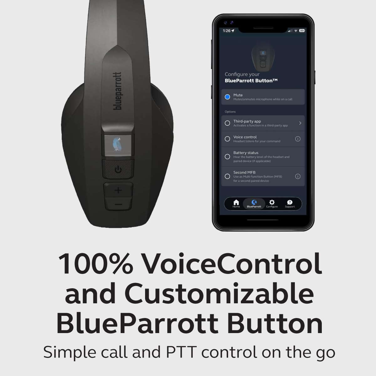 BlueParrott Pro B450 Mono Casque Bluetooth sans fil avec suppression du bruit de 98 % avec micro et ANC, rembourrage de qualité supérieure, commande vocale, 45 heures de batterie, noir