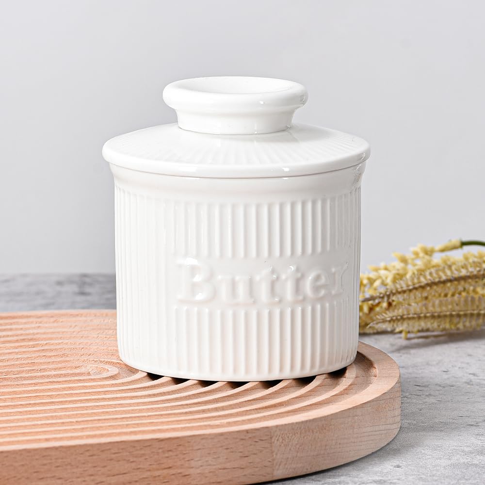 Weiß Butterglocke, französische Butterdose für frische weiche Butter, Porzellan Butterbehälter wassergekühlt, Vintage Buttertopf mit geprägter Wasserlinie,Geschenke für Frauen Männer