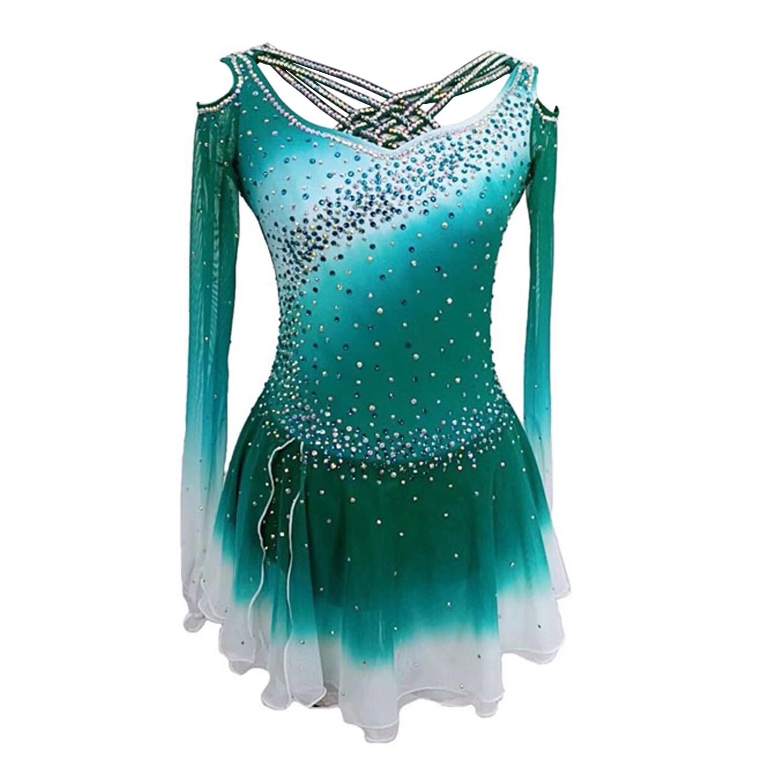 Vestito da pattinaggio di figura for ragazze, vestito da ballo da competizione a squadre con gradiente di ghiaccio, aperto sulla schiena, con strass lucenti