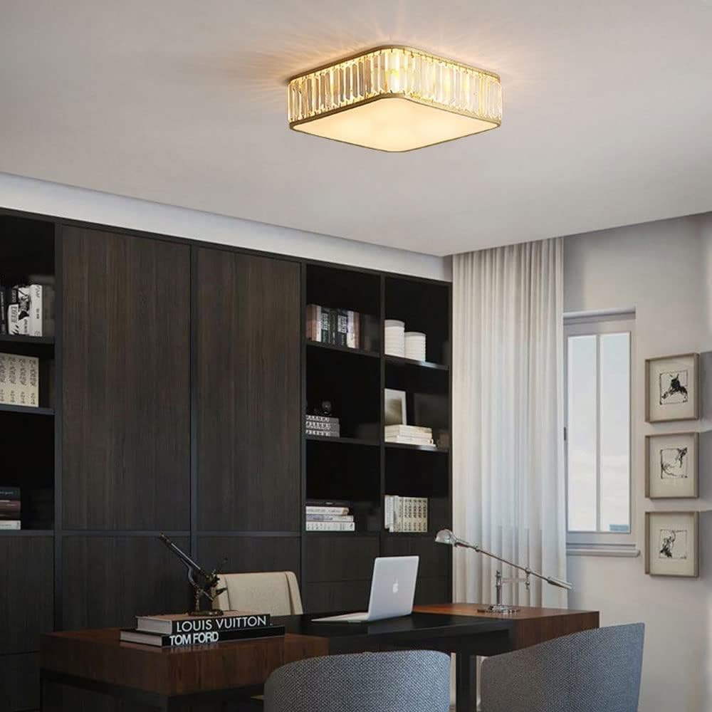 French Style Luxury Crystal Luxury Square Ceiling Light, E27 3-color Dimming Acrylic Accent Metal Frame Pendant Ceiling Light, Ceiling Flush Mount Fixture, For Living Room, Balcony, Entryway(40CM)