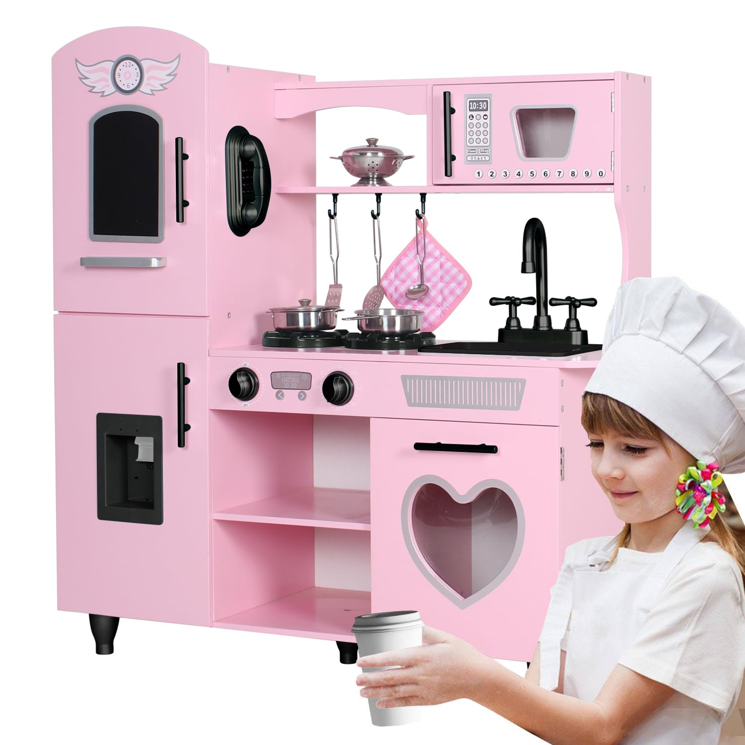 TaoHFE Play Kitchen, Pink Kids Kitchen Set for Girls Kitchen Set for Kids | Ages 6-8 Gift Toddler Kitchen Set For Kid Age 3+ Kitchen Playset With Lights & Sounds Wooden Toy Kitchen Playset Gift