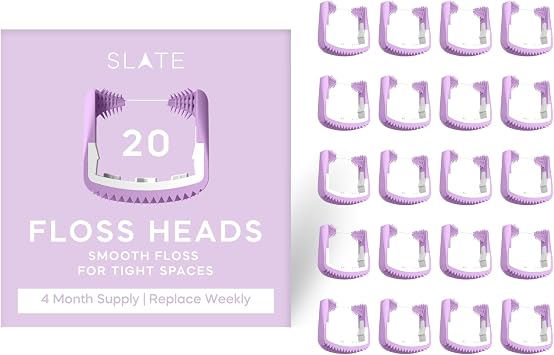 Slate Flosser Refills, Reusable PFAS-Free Woven Floss Heads, Lilac, 20 Pack | Ultra-smooth floss for tight teeth, Gum Sweeps brushes, tongue scraper, PFAS-free woven floss, reusable lilac heads, 20 pack
