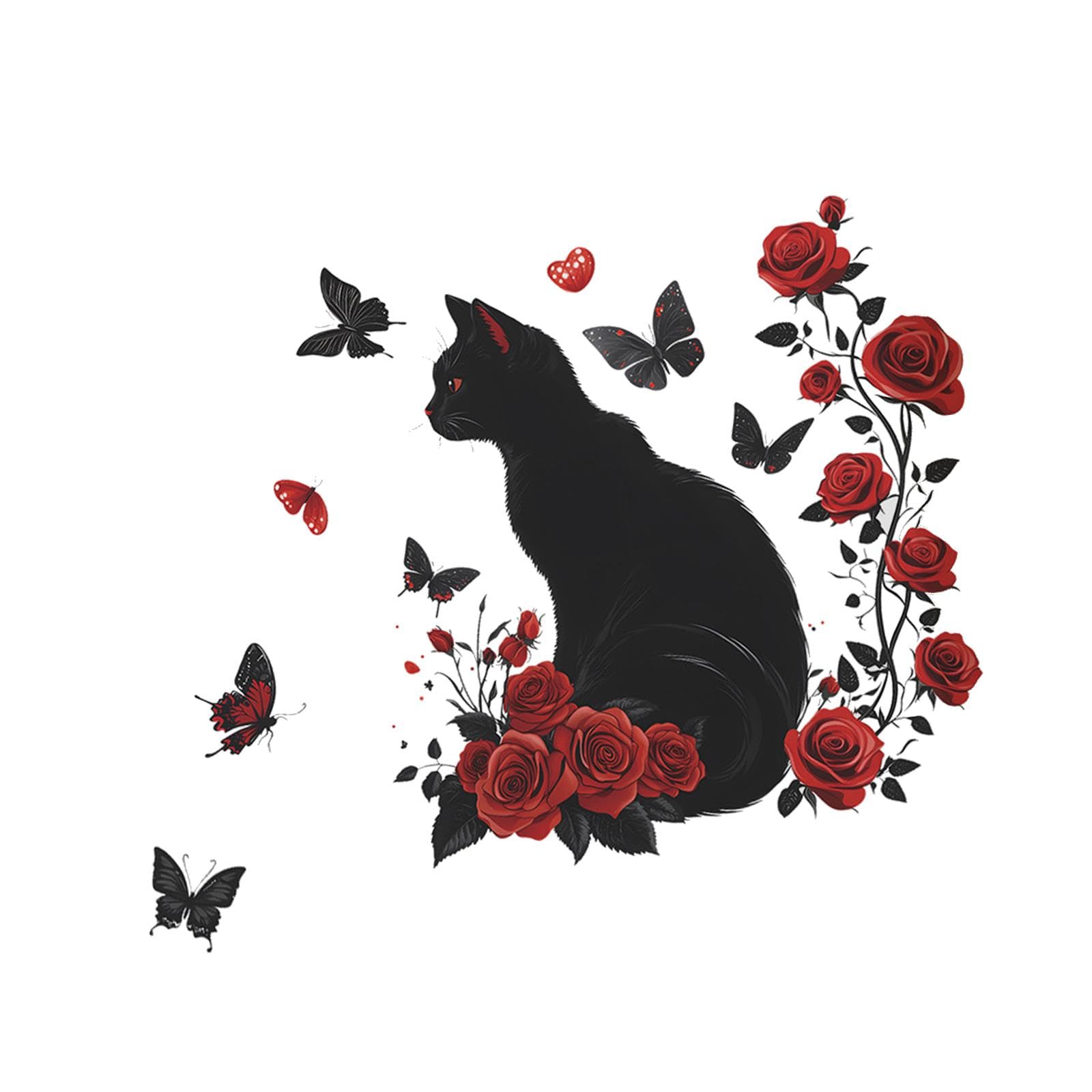 Black Cat Rose Sticker Butterfly Wall Decal 15.75x23.62in Gothic Removable PVC DIY for Sofa Backdrop TV Background