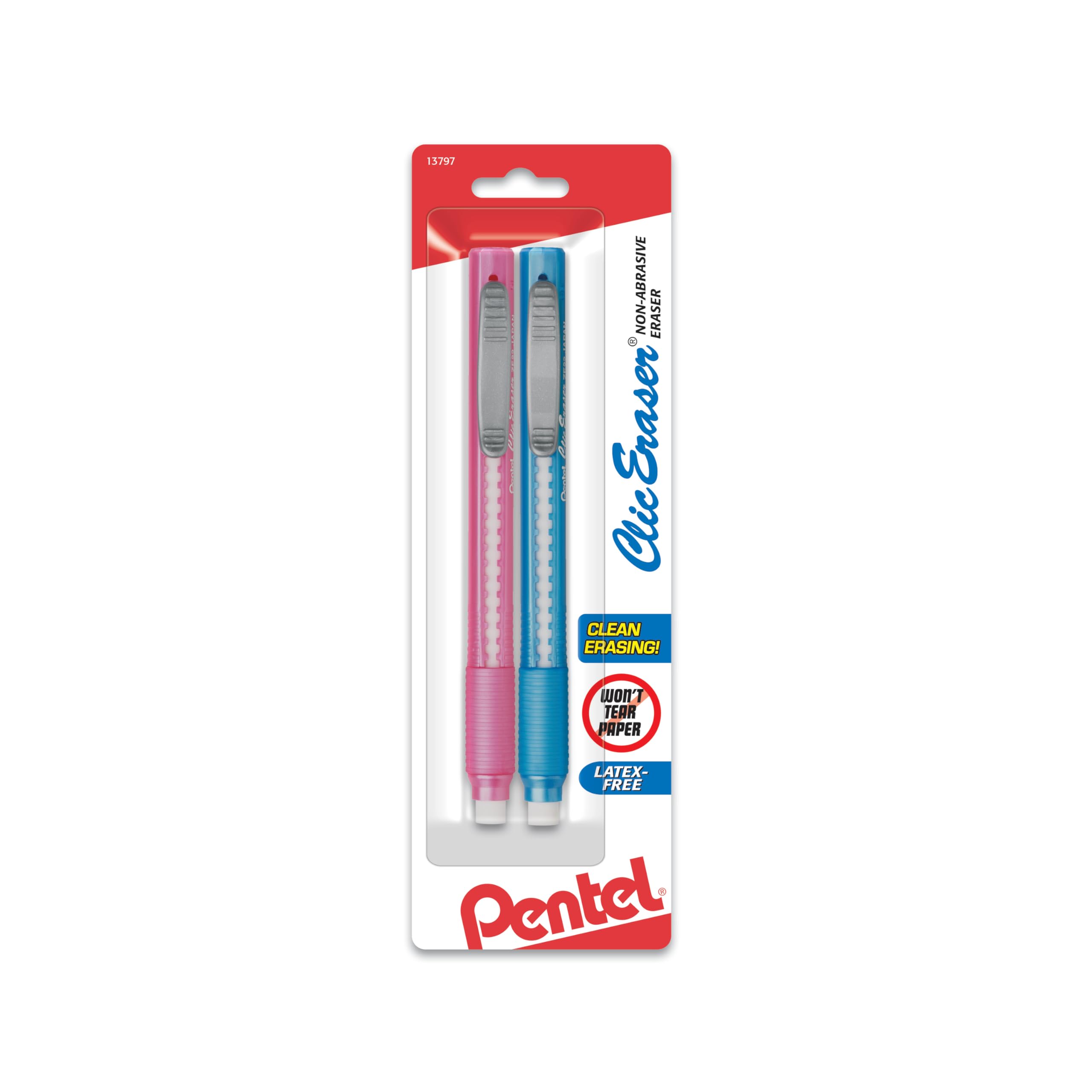 Clic Retractable Eraser with Grip, Assorted Barrels, 2 Pack (ZE21TBP2M)