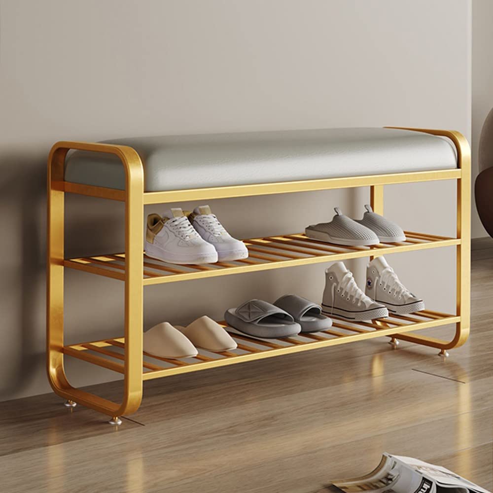 Banc à chaussures confortable avec son assise rembourrée et sa structure robuste de 150 kg.