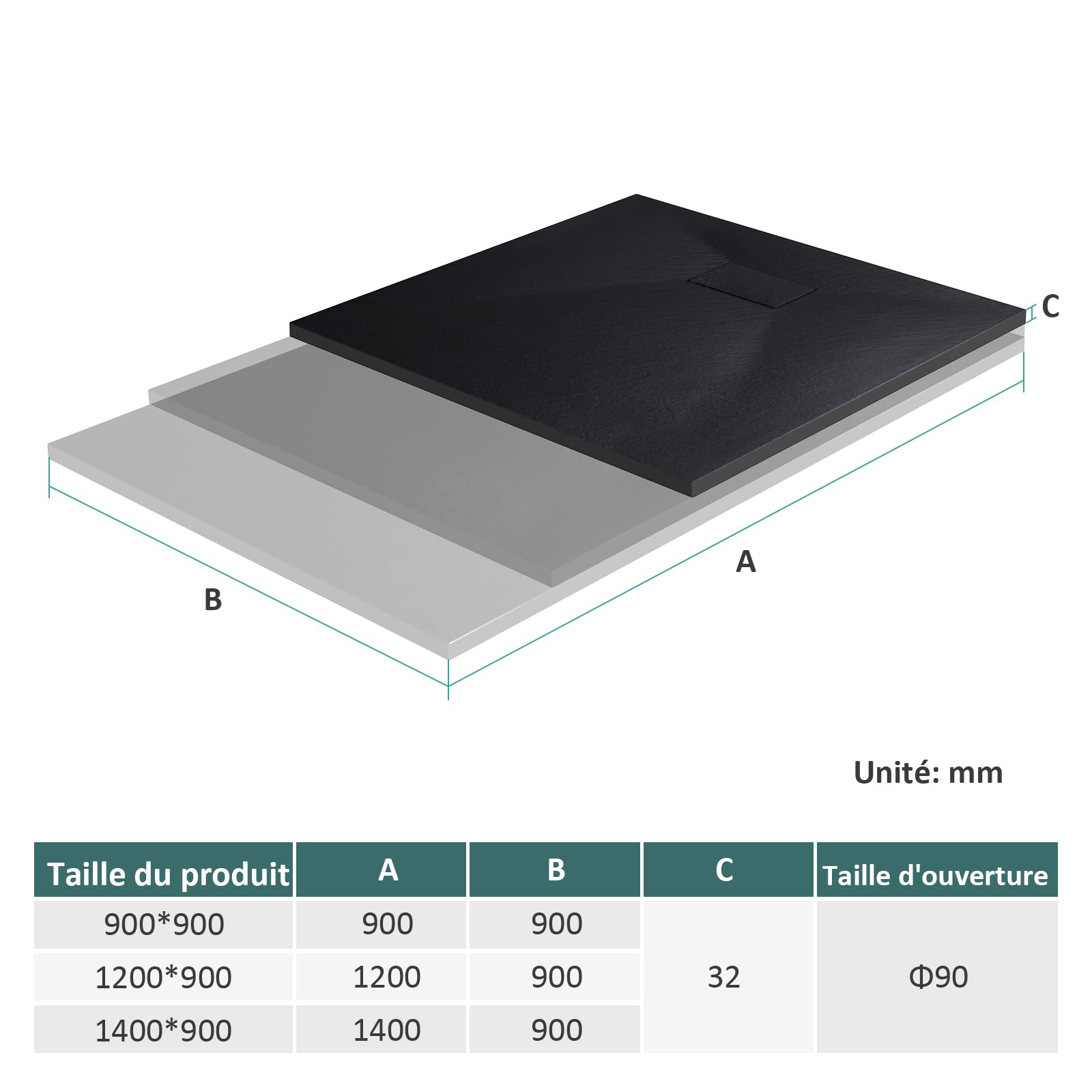 EMKE Receveur de douche, 90 x 90 cm,Noir | plat antidérapant SMC receveur de douche coupé sur mesure