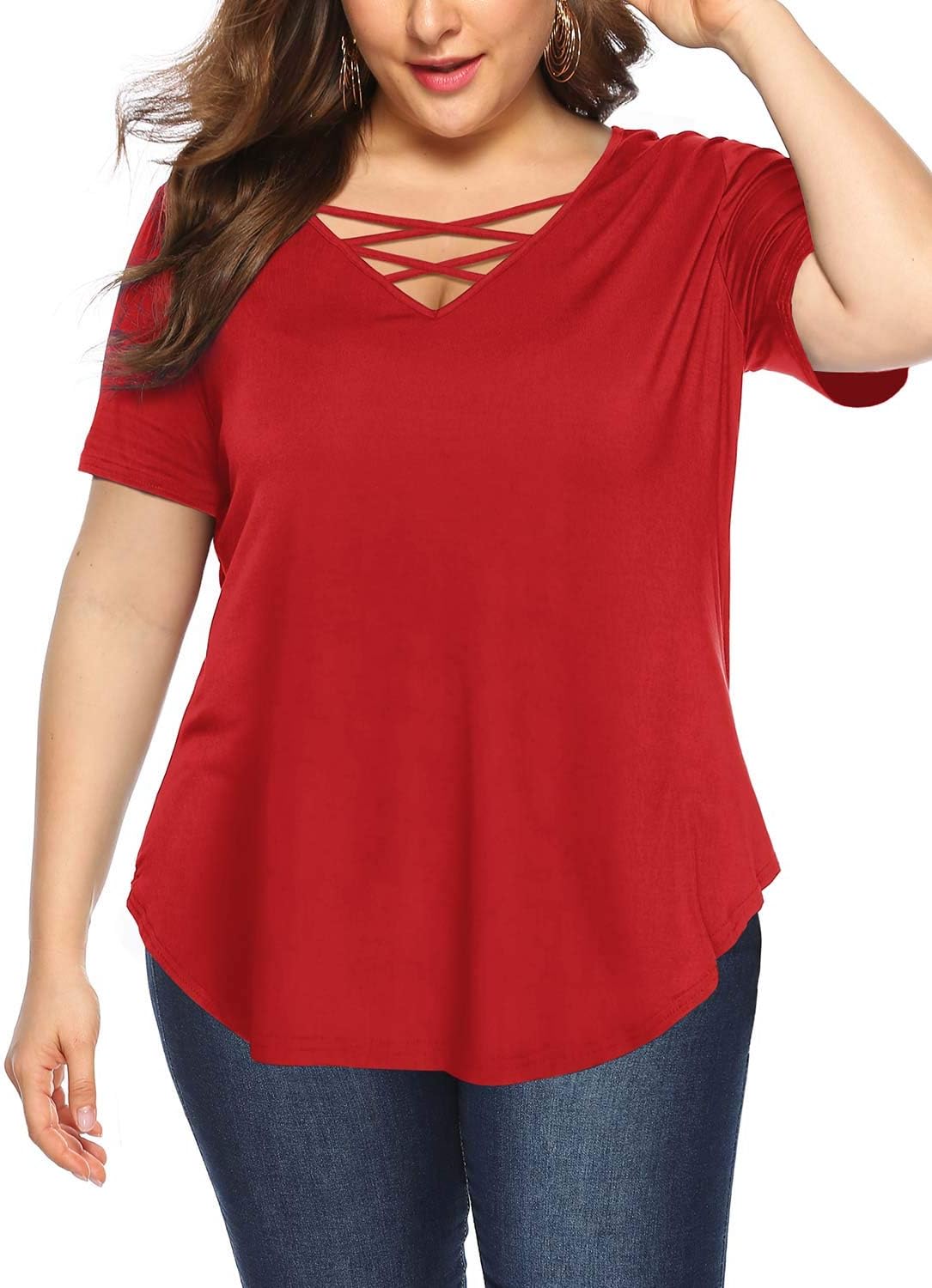 AmoretuWomens' Plus Size Tops with Short/Long Sleeve Criss Cross Neck