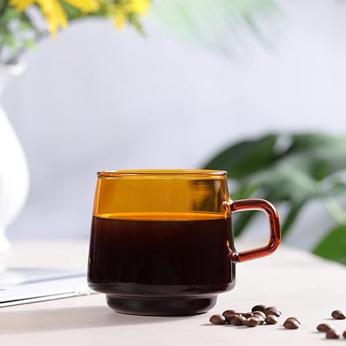 Miniatura 3 de Joeyan Tazas de café de cristal con leche de capuchino, taza de té, taza estética ámbar para demitasse expreso, vasos acanalados de boca ancha para