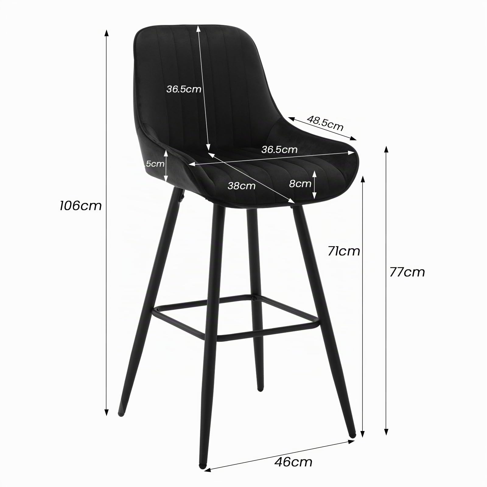 WOLTU 2X Taburetes Altos de Cocina con Respaldo Terciopelo, Negro | para Comedor, Salón y Cafetería