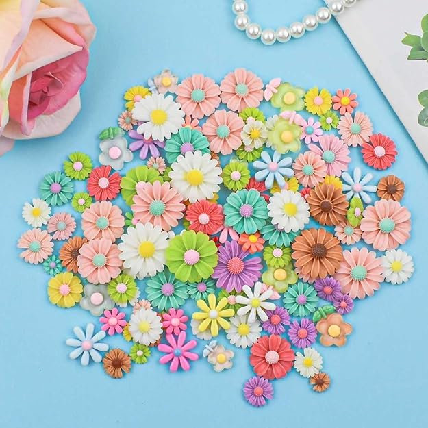 Neobaby 100 Pcs of Flatback Resin Flower Charms for DIY Crafts, Random Daisy for Scrapbooking, Hair Clips, Phone Case Decoration & Slime Making (Random Design, Random Colors)-image-19