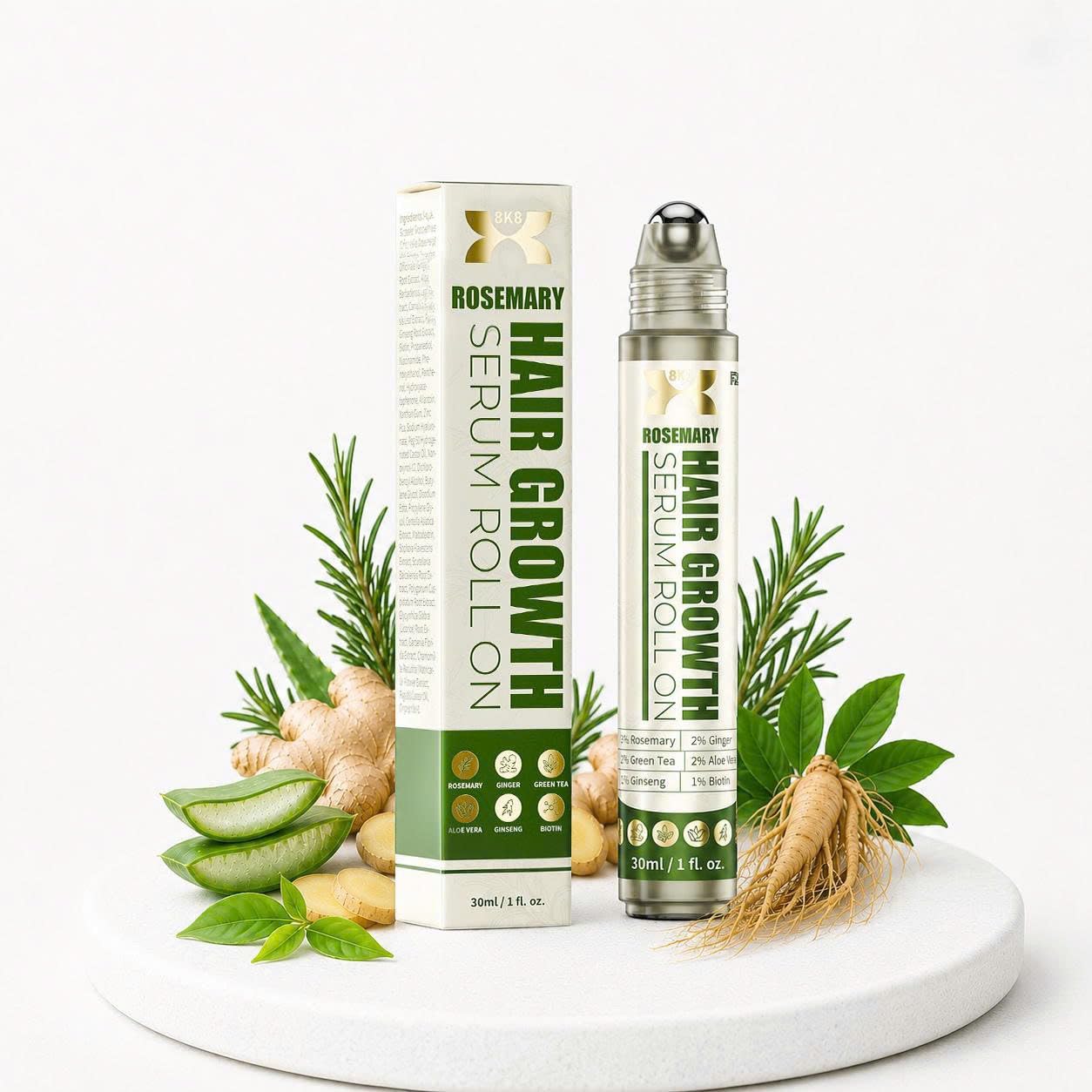 Hair Growth Serum Roll On for Thinning and Weak Strands, 30ml Hair Thickening Serum for Women and Men, Non-Messy Scalp Care with Rosemary 3%, Biotin, Ginseng, Aloe Vera, Green Tea and Ginger Root