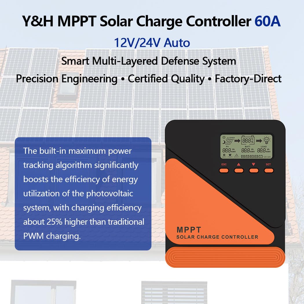 Y&H Panel solar MPPT 60A regulador de carga 12V 24V Auto Max 100V PV entrada para gel SLD FLD LI usuario batería regulador de voltaje