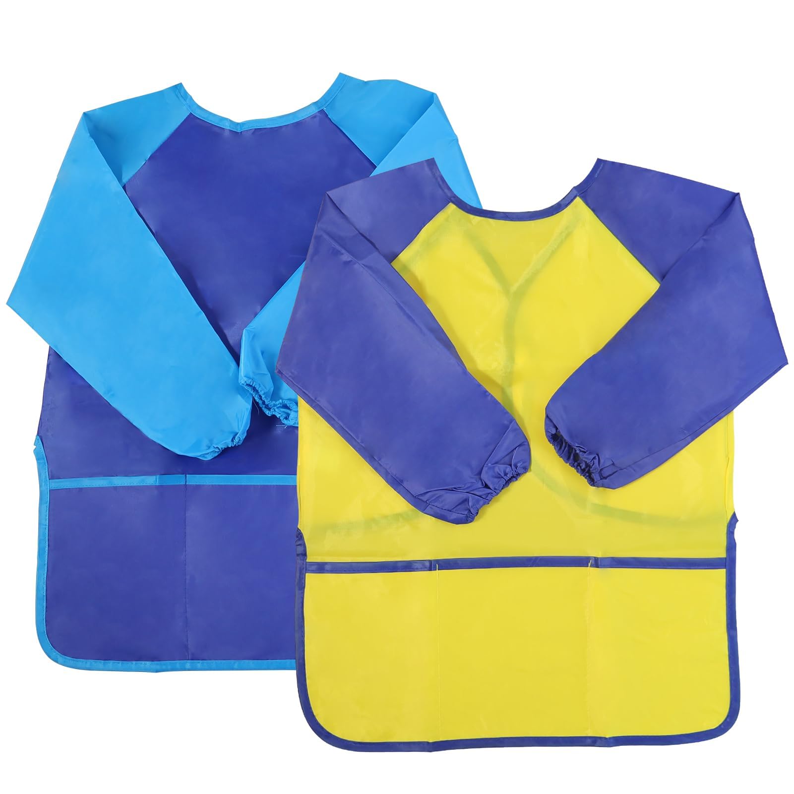 2 Pack Kids Art Smock Toddler Children Painting Apron, Kids Apron, Waterproof Play Apron Long Sleeves With 3 Roomy Pockets Age 3-5 Years Girls And Boys For Painting, Craft, Eating(Blue+Yellow)