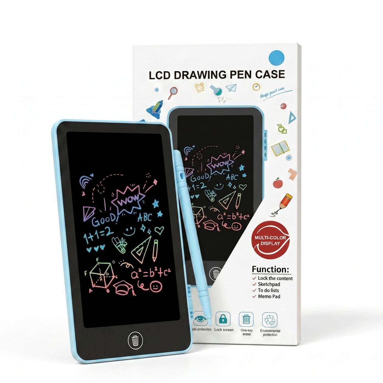 Kids LCD Drawing Pen Case - Multi-Color Display Digital Sketchpad with Stylus, One-Key Erase & Lock Function - Eye Protection Educational Doodle Board & Memo Pad (Blue)-image-1