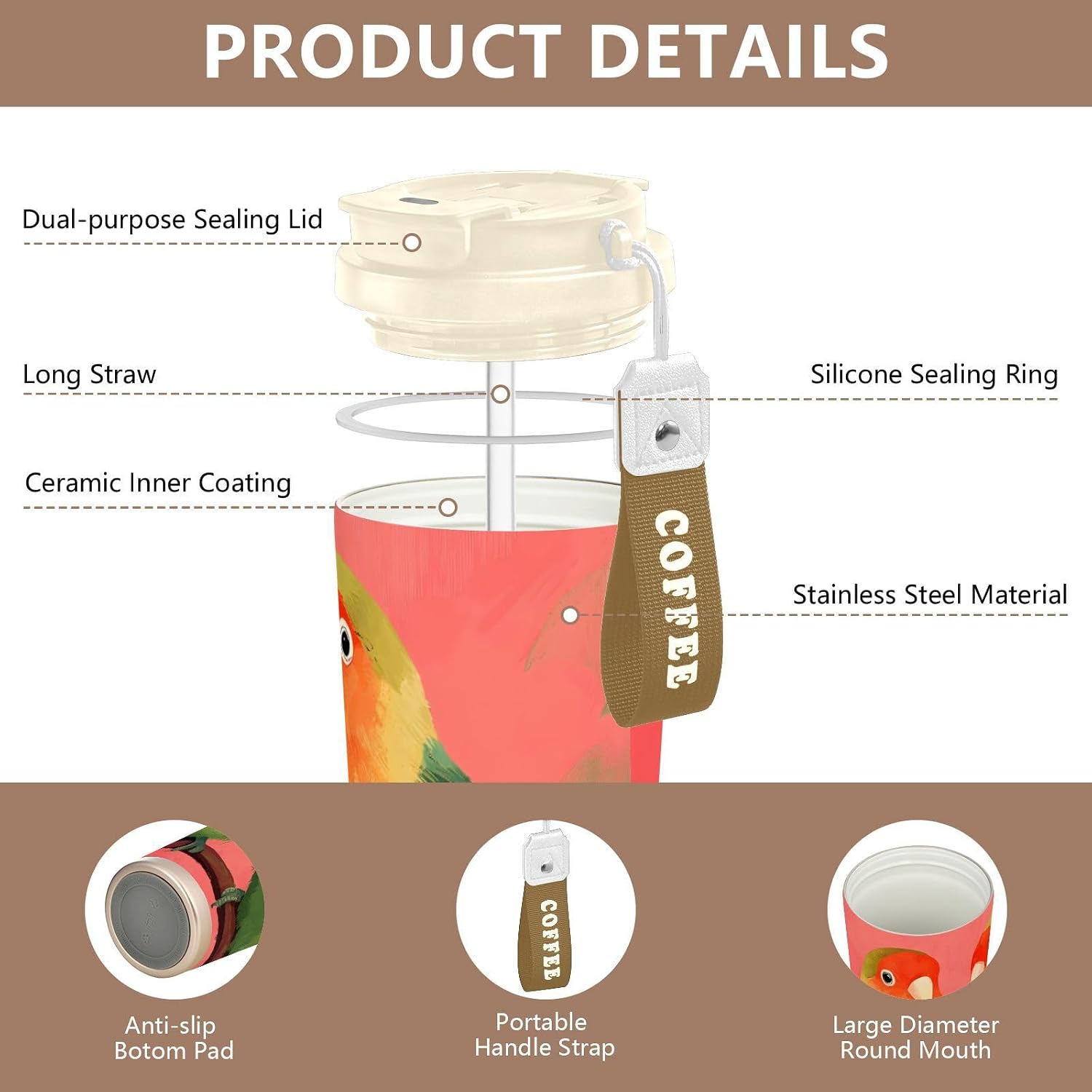 Insulated Coffee Mug Parrots Branch with Straw & Flip Lid, 16.9oz Iced Tumbler Cup, Double Wall Vacuum Mug for Travel Office Camping