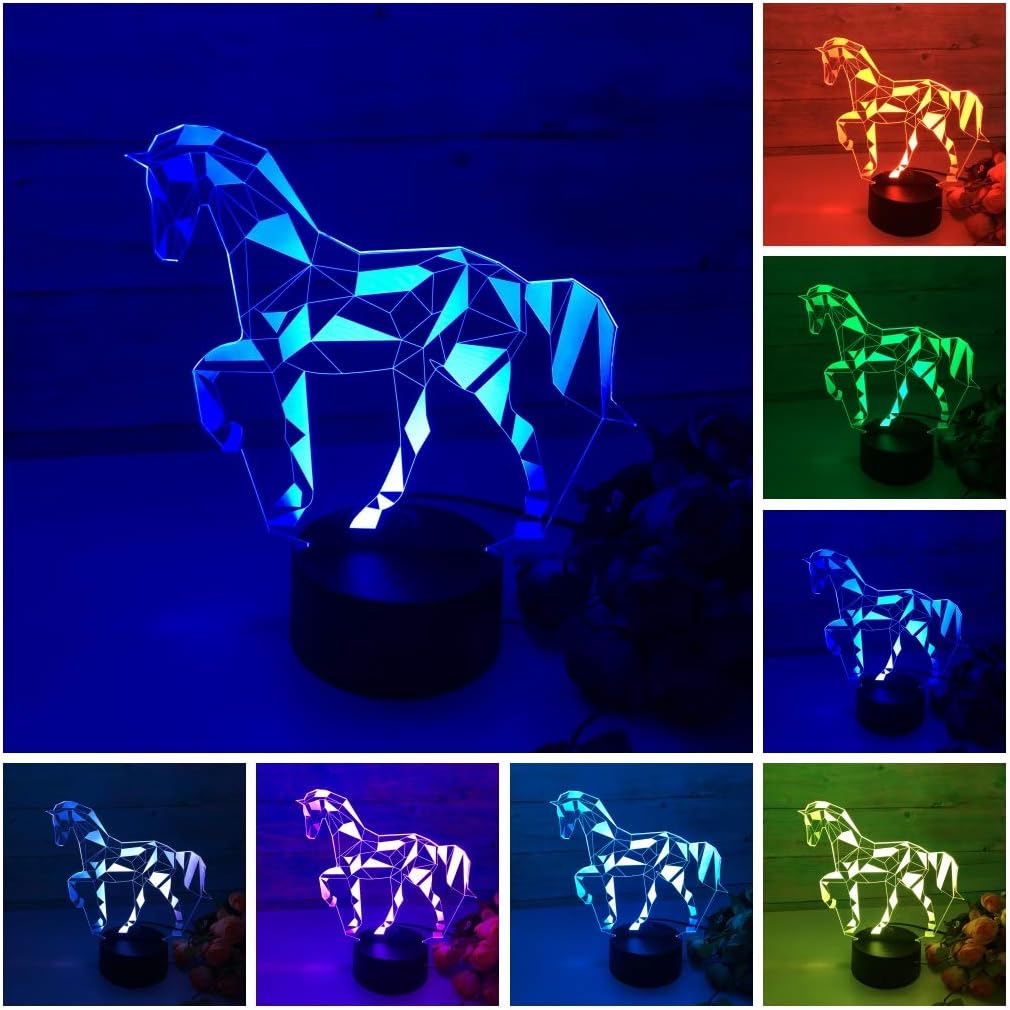 Night Lights for Kids 3D Horse Lamp Dinosaur Illusion Lamp 7 Color Changing with 2 Patterns(Horse+Dinosaur) Cool Night Light Horse Gift for Kids, Girls,Boys & Dinosaur Fans