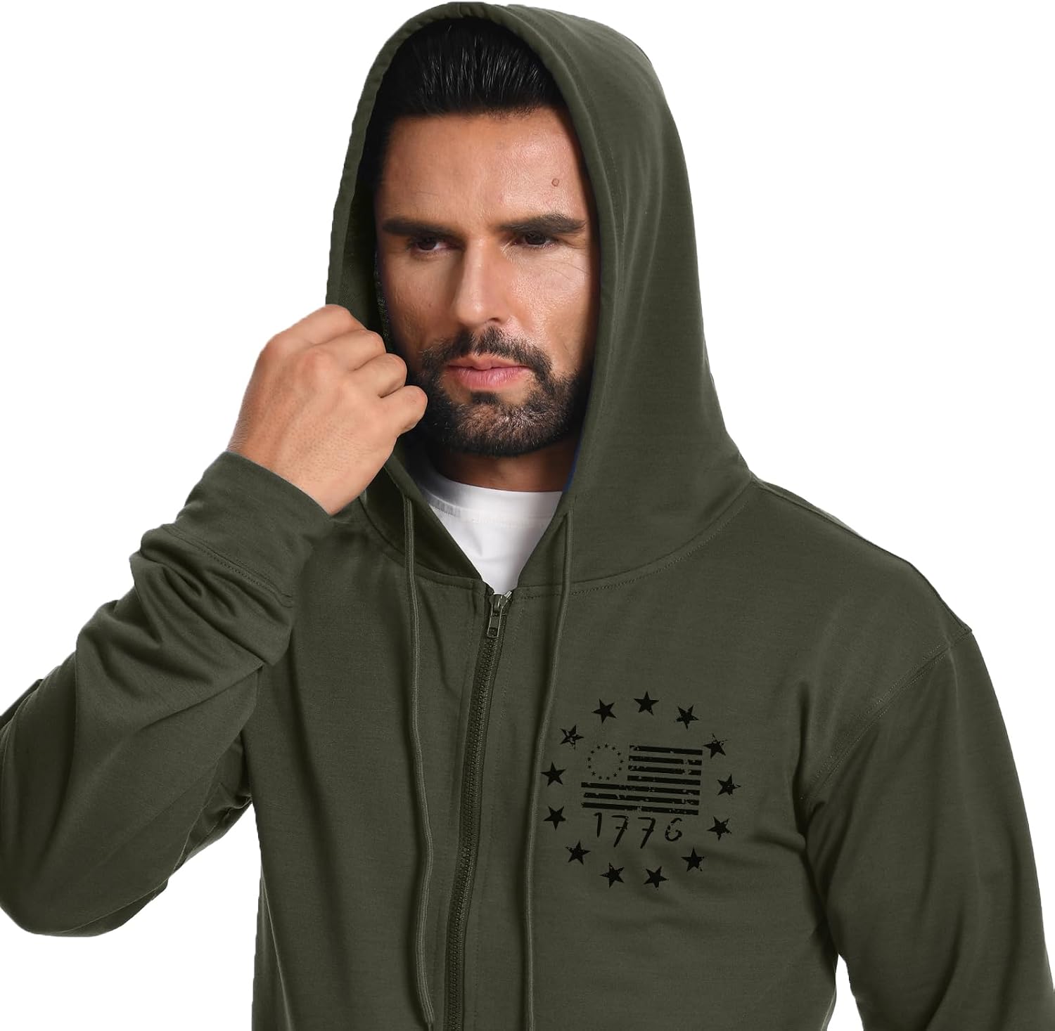 H HYFOL Men's Lightweight Full-Zip USA Flag Graphic Long Sleeve Hoodie American Patriotic Casual Sweatshirt