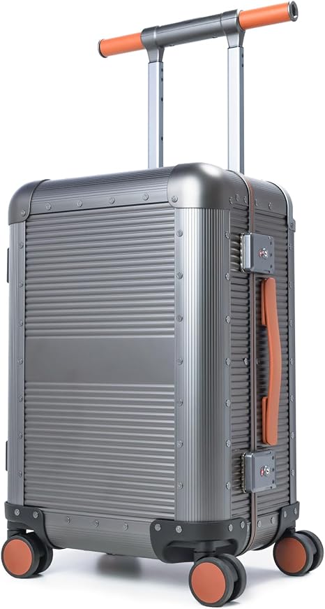 Perle Path Full Aluminum 20 inch Carry on Luggage, Wide Handle with Phone Holder Hardside Vintage Suitcase, Zipperless with TSA Lock and Spinner Wheels, Small travel Rolling Luggage (Gray)