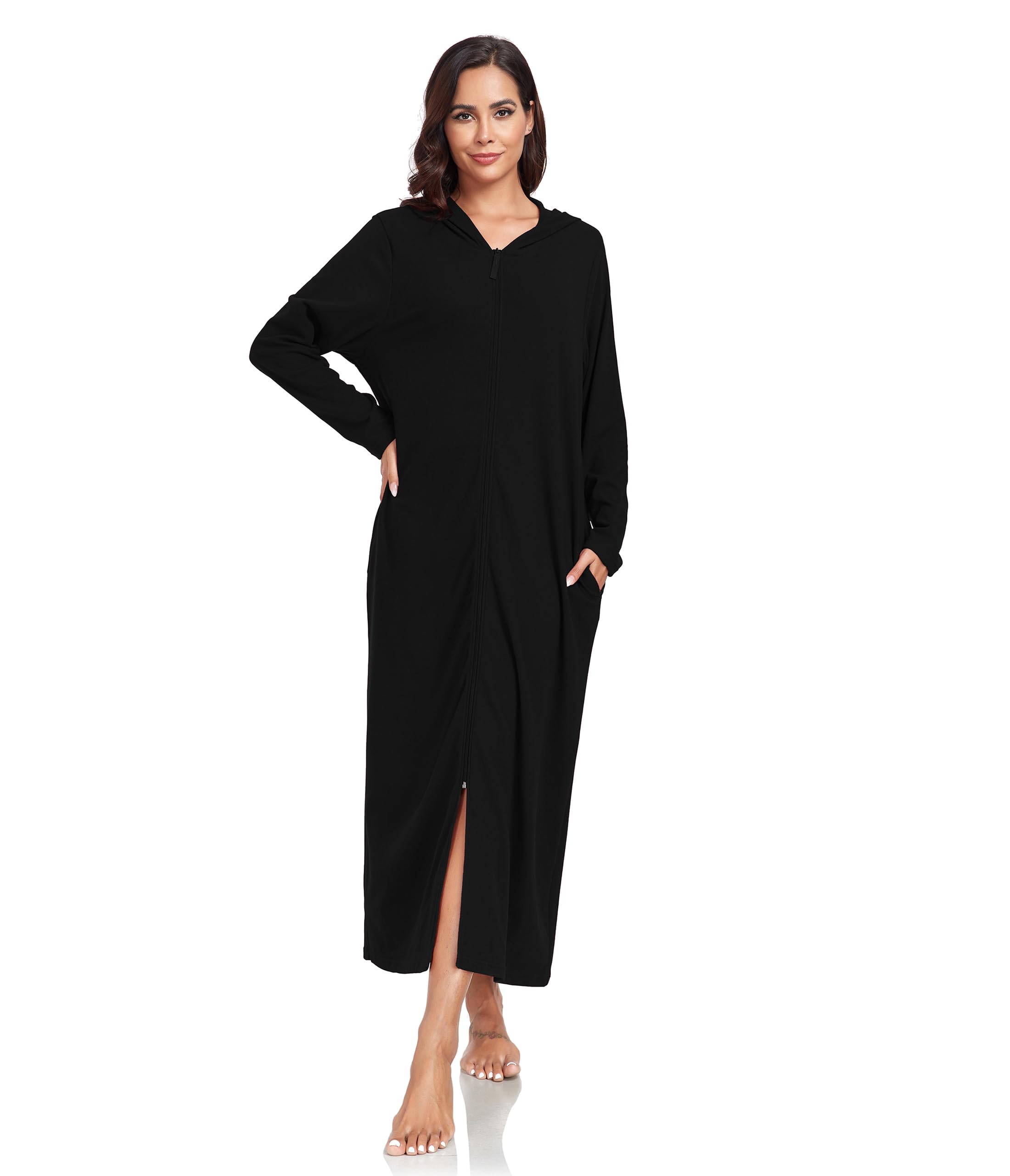 COLORFULLEAF Damen Reißverschluss Bademantel Langarm Kapuze Fleece Bademantel Weich Warm Hausmantel Loungewear mit Taschen