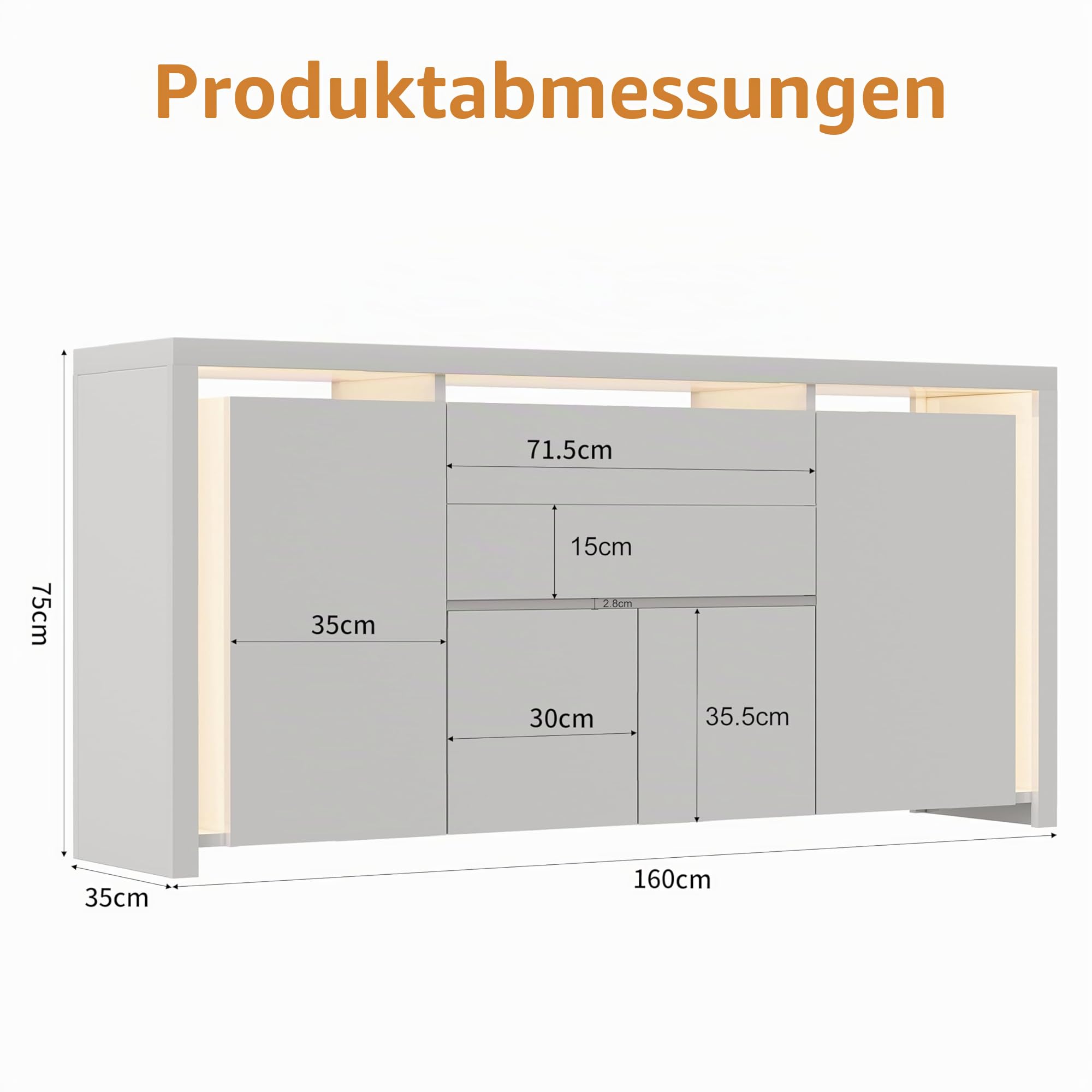 Kommode Weiß Hochglanz Mit LED Beleuchtung, Modernes Sideboard Mit 2 Schubladen Und 4 Schränken, Flurschrank Buffetschrank TV Schrank Wohnzimmerschrank Für Wohnzimmer,Schlafzimmer,Büros, 160x35x75cm