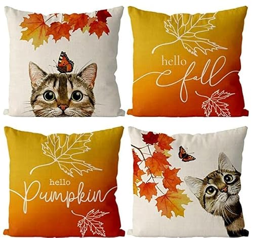 Gagec Fall Pillow Covers 18X18 Inch Cat Maple Leaf Autumn Thanksgiving Butterfly Hello Pumpkin Outdoor Throw Pillowcase Cushion Case Farmhouse Home Decor Set Of 4 #TOP12