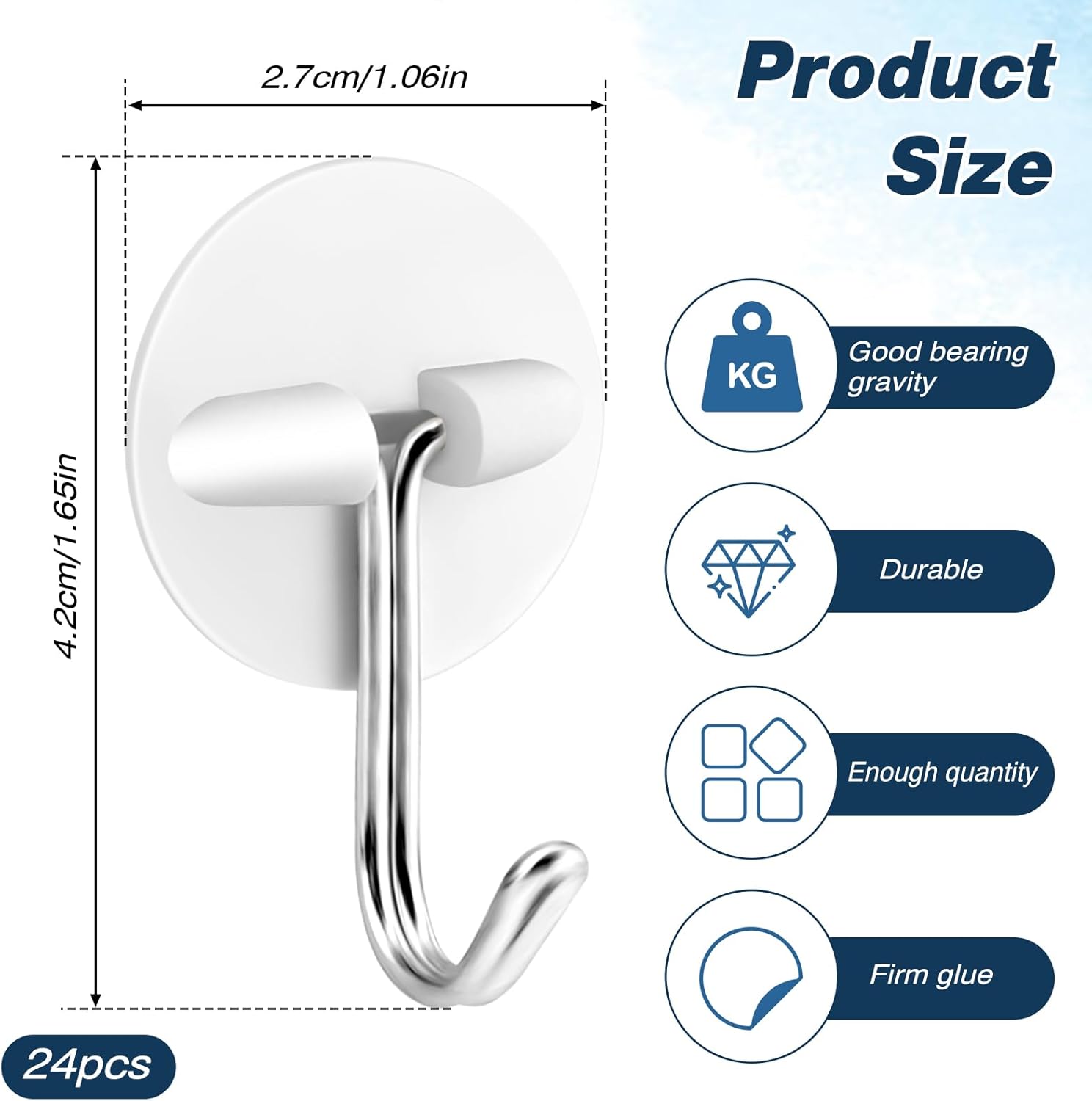 24pcs Round Plastic Hooks - Small Self Stick Hooks for Hanging, White, Waterproof & Oil Proof for Kitchen Utensils