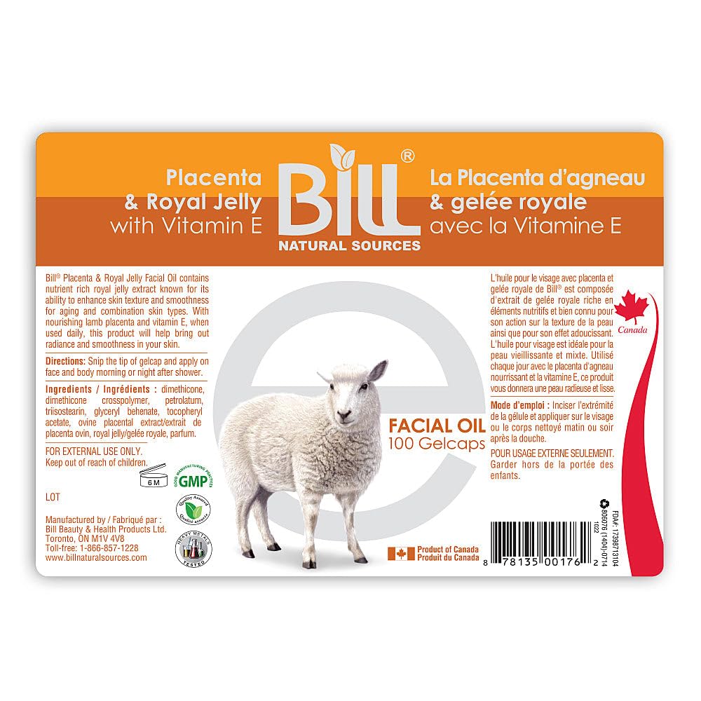 placenta facial moisturiser with vitamin e & royal jelly, 100 gelcaps, bill natural sources