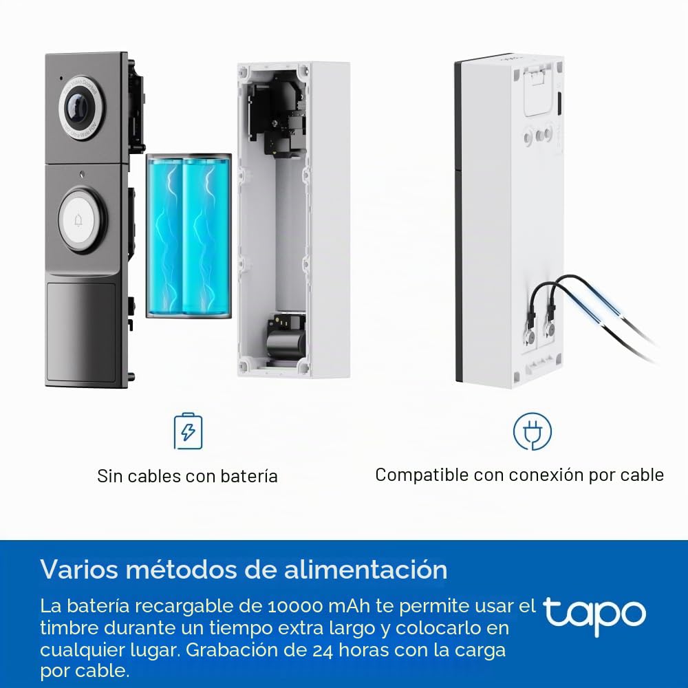 Tapo D235 2K 5MP Timbre de Puerta inalámbrico 180°DFOV Ultra-Wide Video Doorbell inalámbrico o con Cable, batería de 210 días, Timbre de Anillo Incluido, Vista de pies a Cabeza IP66, detección de IA