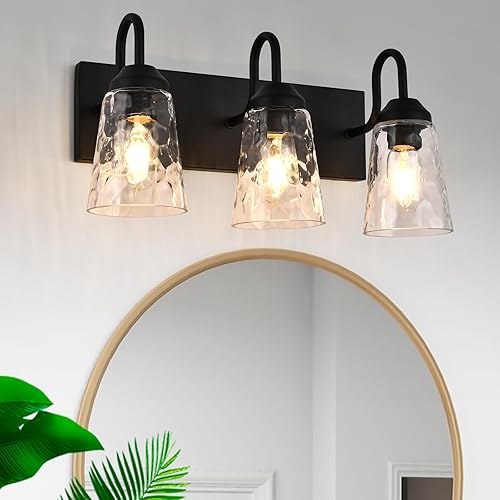 Lámpara de baño de 3 luces, luces costeras con pantalla de cristal de cristal, lámpara de pared negra para espejo de cocina, pasillo, dormitorio